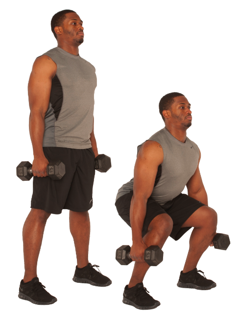 Dumbbell squat to dumbbell curl exercise instructions and video